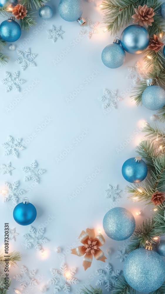 Christmas festive banner featuring blue Christmas decorations such as ornaments, snowflakes, and lights, celebration, blue Christmas festive banner featuring blue Christmas decorations such as ornaments, snowflakes, and lights, celebration, blue