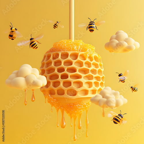 3D Render of Honeycomb with Bees