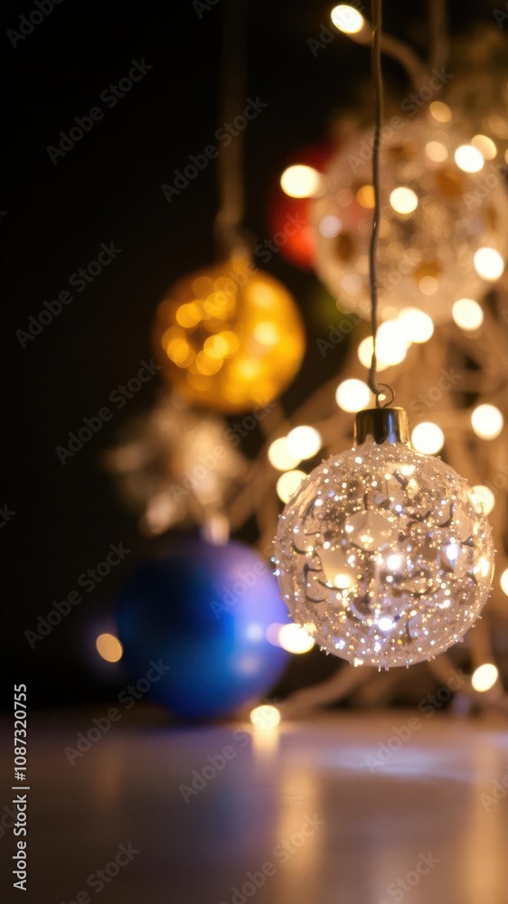 Fototapeta premium Christmas ornaments and lights shining brightly against a dark background, twinkling
