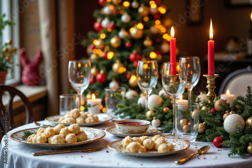 Elegancki stół wigilijny nakryty białym obrusem, udekorowany świerkowymi gałązkami, świecami i czerwonymi akcentami. Na stole potrawy świąteczne: pierogi, karp, barszcz, a w tle oświetlona choinka.