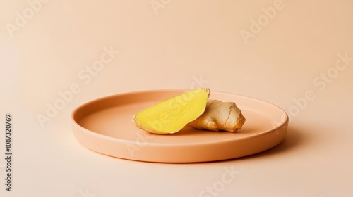 A peachcolored plate holding a single slice of ginger, realistic food photography, pastel theme, high detail photo