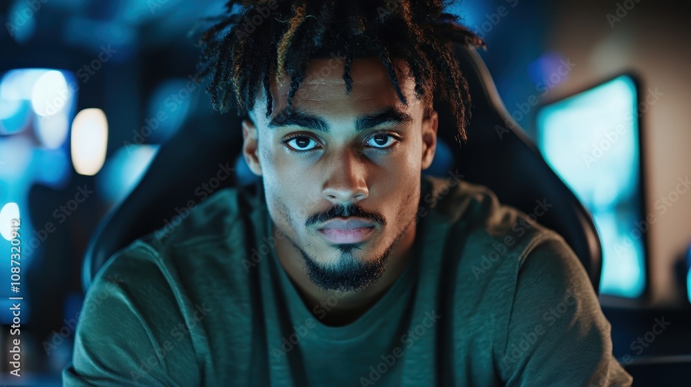 A young man with an intense expression faces the camera head-on, communicating strength and authenticity in a dimly lit room with modern, tech-inspired decor. A young man with an intense expression faces the camera head-on, communicating strength and authenticity in a dimly lit room with modern, tech-inspired decor.