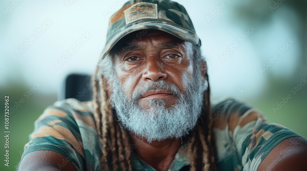 A distinguished man with a camo hat and beard sits thoughtfully in an outdoor environment, exuding a sense of strength and resilience amidst nature's backdrop. A distinguished man with a camo hat and beard sits thoughtfully in an outdoor environment, exuding a sense of strength and resilience amidst nature's backdrop.