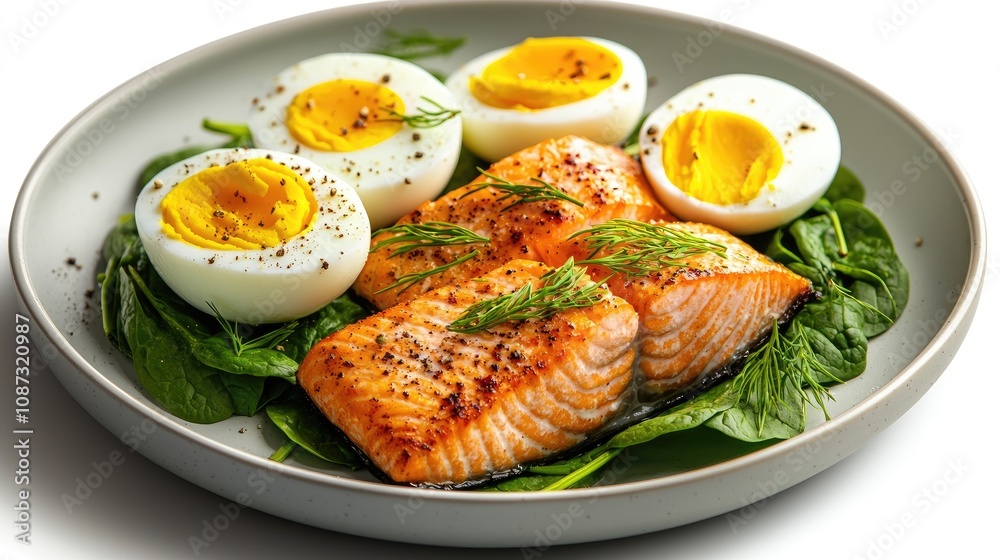 A delicious plate featuring grilled salmon, perfectly boiled eggs, and fresh spinach, seasoned for a healthy meal. A delicious plate featuring grilled salmon, perfectly boiled eggs, and fresh spinach, seasoned for a healthy meal.