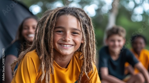 A young boy with dreadlocks smiles brightly at the camera, surrounded by friends in a natural outdoor setting, conveying youthful energy and happiness.