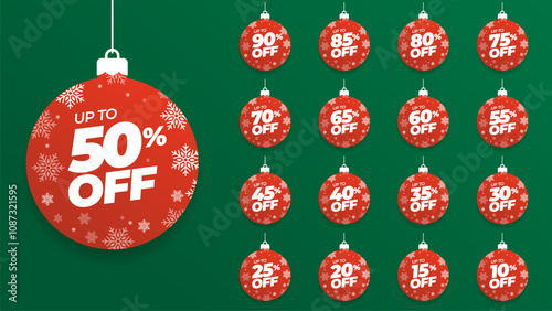 Special offer discount on christmas balls with different value percent off 90, 85, 80, 75, 70, 65, 60, 55, 50, 45, 40, 35, 30, 25, 20, 15, 10 percentage price reduction label. Sale offer emblem set.