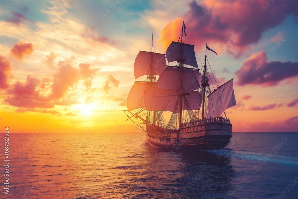 Fototapeta premium A large ship sails on the ocean at sunset. The sky is filled with clouds and the sun is setting, creating a beautiful and serene atmosphere