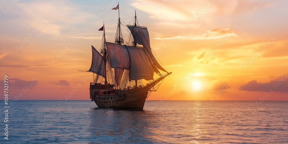 Fototapeta premium A large ship sails in the ocean at sunset. The sky is filled with clouds and the sun is setting