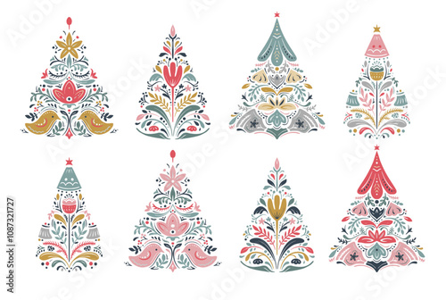 Vector set of Christmas trees with folk Scandinavian ornaments