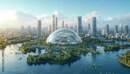 Fototapeta Naklejka Na Ścianę i Meble -  Aerial view of a large transparent dome structure in a city