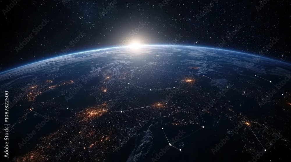 Obraz premium Night planet earth from space with light lines of communication and connection. Business and finance, concept. Global communications system and the World Wide Web. Technologies and communications.