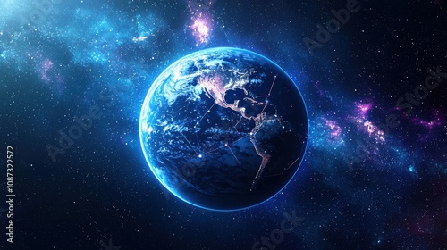 Night planet earth from space with light lines of communication and connection. Business and finance, concept. Global communications system and the World Wide Web. Technologies and communications.