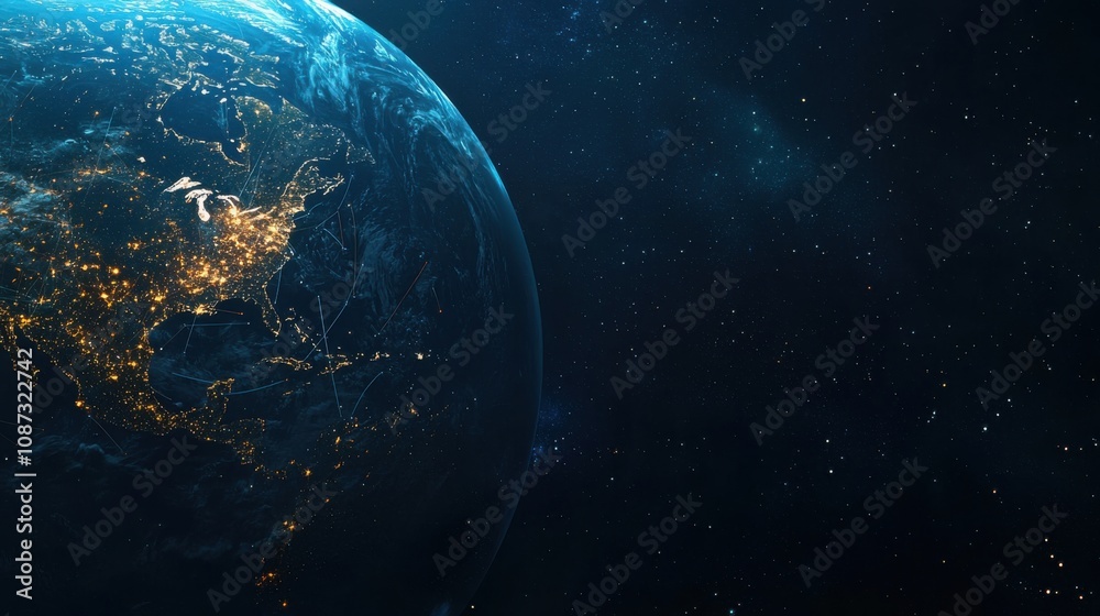 Night planet earth from space with light lines of communication and connection. Business and finance, concept. Global communications system and the World Wide Web. Technologies and communications. Night planet earth from space with light lines of communication and connection. Business and finance, concept. Global communications system and the World Wide Web. Technologies and communications.