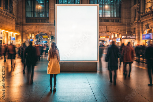 Femme de dos regardant un panneau blanc dans une gare