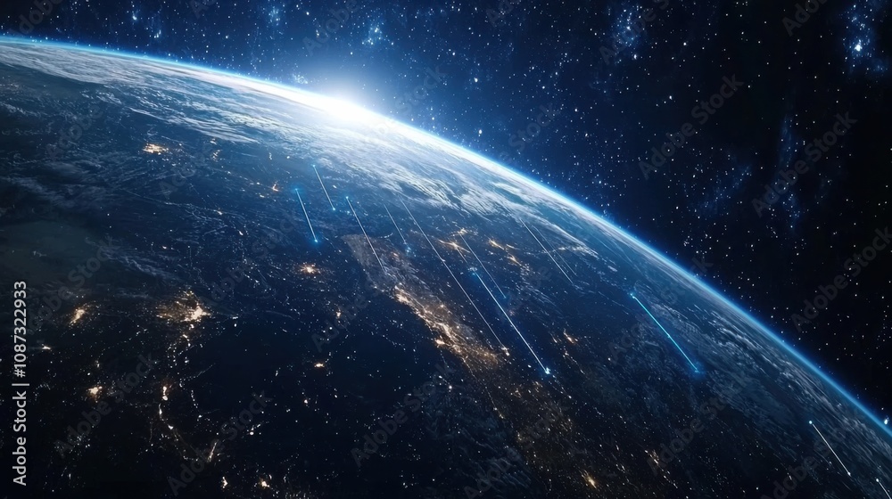 Night planet earth from space with light lines of communication and connection. Business and finance, concept. Global communications system and the World Wide Web. Technologies and communications. Night planet earth from space with light lines of communication and connection. Business and finance, concept. Global communications system and the World Wide Web. Technologies and communications.