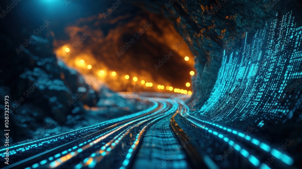 A futuristic tunnel illuminated with glowing lights and digital data streams, creating a mesmerizing visual effect of depth and motion. A futuristic tunnel illuminated with glowing lights and digital data streams, creating a mesmerizing visual effect of depth and motion.