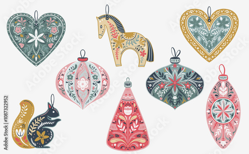 Vector set of Christmas tree decorations with folklore Scandinavian ornament.