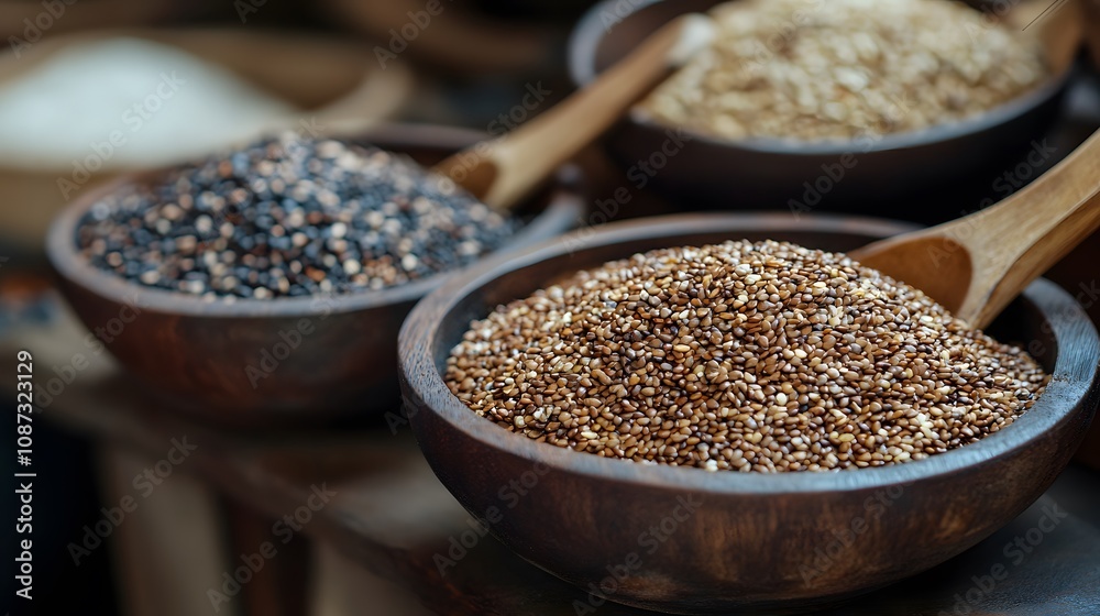 Assorted bowls of grains including black and white sesame seeds. Assorted bowls of grains including black and white sesame seeds.