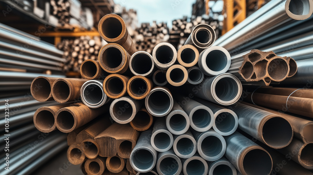 Close-up view of stacked metal and cardboard tubes in an industrial warehouse setting with a blurred background of stored materials. Close-up view of stacked metal and cardboard tubes in an industrial warehouse setting with a blurred background of stored materials.