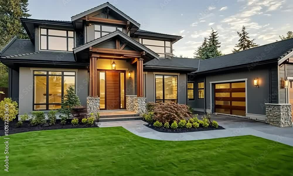 Elegant Luxury Home Exterior with Expansive Green Yard, Newly Constructed and AI-Enhanced