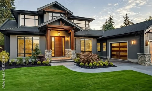Elegant Luxury Home Exterior with Expansive Green Yard, Newly Constructed and AI-Enhanced