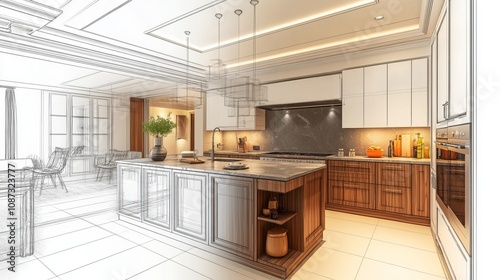 Kitchen Design, Blueprint and 3D Rendering