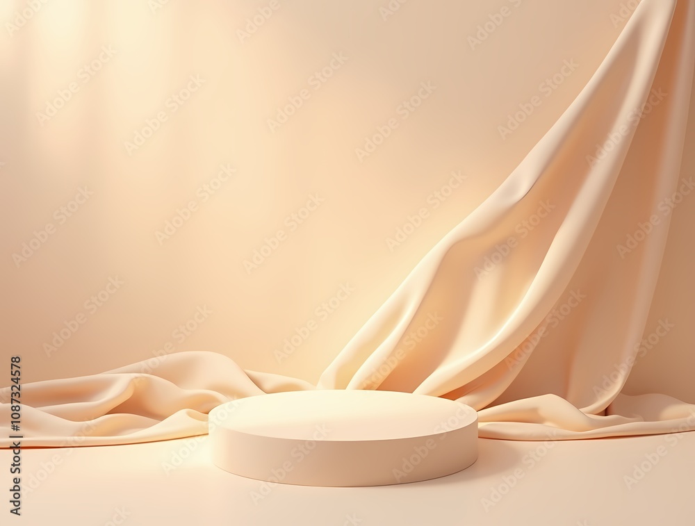 Pedestal and fluttering nude silk fabric on beige background. Cosmetic product presentation stand Pedestal and fluttering nude silk fabric on beige background. Cosmetic product presentation stand