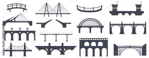 River bridges silhouettes. Ancient or modern city bridge black silhouette logo, arched suspension construction column railway highway transport connection, neat vector illustration