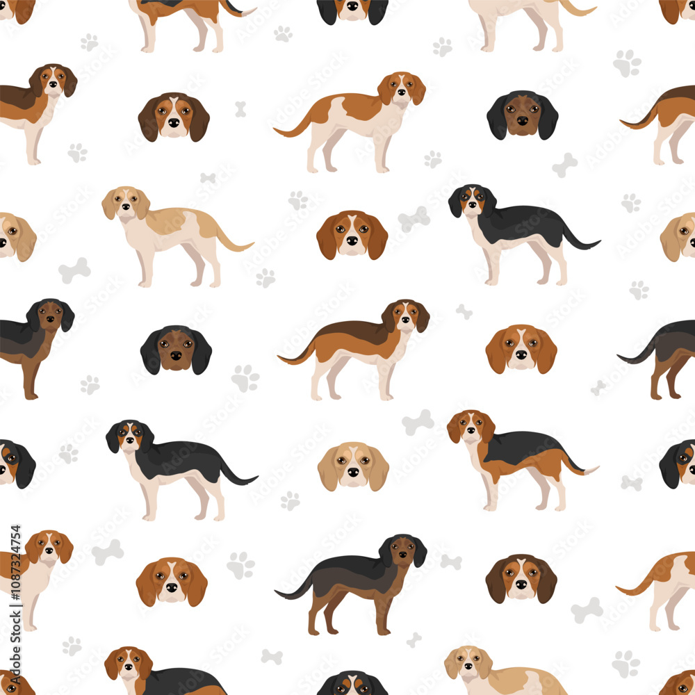 Obraz premium Beagle Cavalier King Charles Spaniel mix. Beaglier seamless pattern. Different coat colors set. Vector illustration