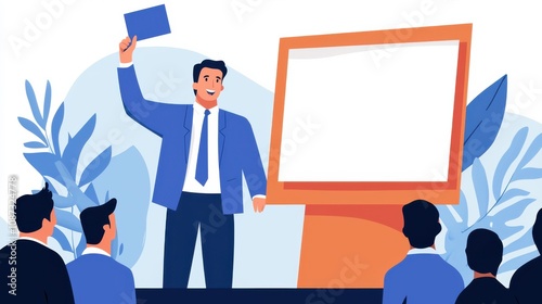 A confident speaker presents to an audience, holding a flag, with a blank presentation board in the background surrounded by greenery.