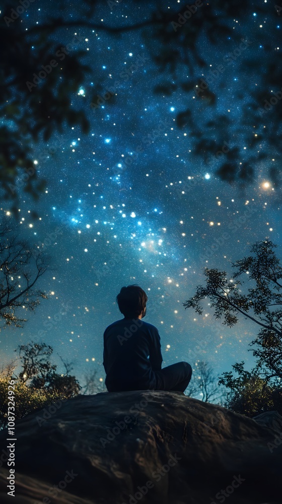 Fototapeta premium A young boy gazes at a star-filled sky from a rock, lost in wonder.