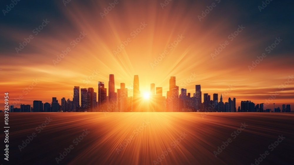 A vibrant sunset casts golden rays over a silhouetted city skyline, creating a breathtaking urban landscape.