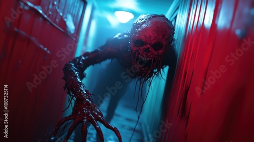 A chilling horror scene depicting a terrifying creature creeping through a dark, narrow corridor, evoking fear and suspense with its haunting and eerie presence. photo