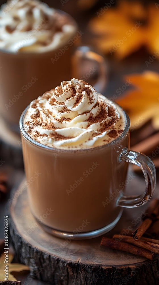 Two mugs of creamy coffee topped with whipped cream and spices, surrounded by autumn leaves. Two mugs of creamy coffee topped with whipped cream and spices, surrounded by autumn leaves.