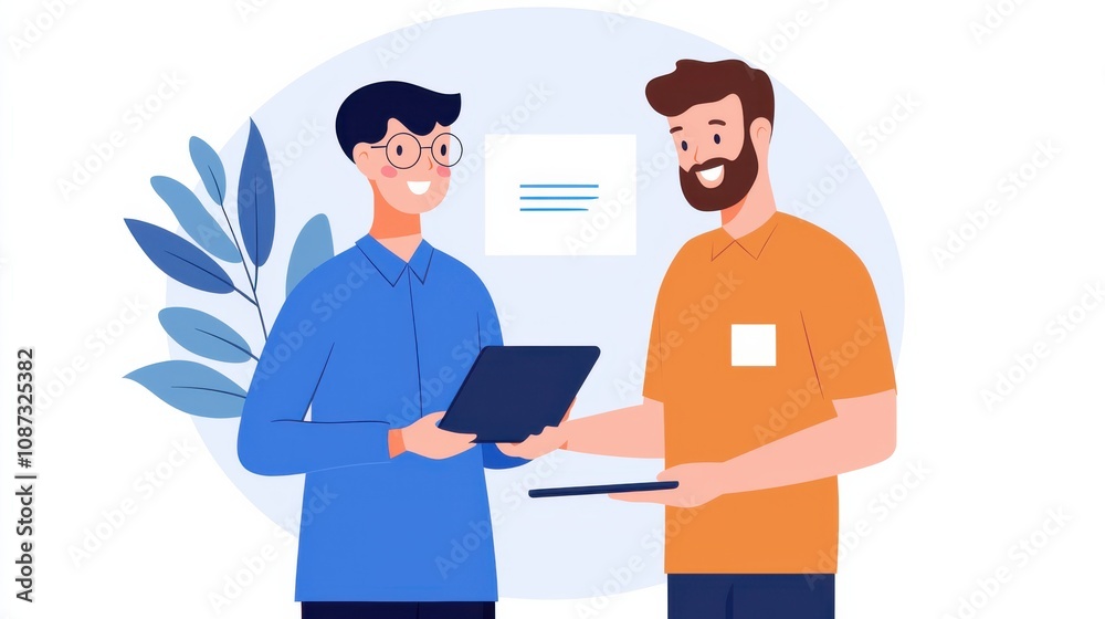 Two individuals are engaged in a conversation, one holding a laptop and the other a tablet, in a friendly, professional setting. Two individuals are engaged in a conversation, one holding a laptop and the other a tablet, in a friendly, professional setting.