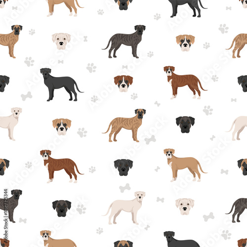 Boxane seamless pattern. Boxer dog Great Dane mix. Different coat colors set.  Vector illustration