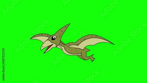 Animated video of a pterodactyl flying in the jungle on a green background, primitive, art.