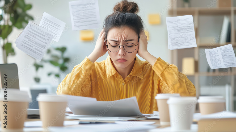 A stressed woman reviews documents at a cluttered desk, surrounded by coffee cups and floating papers, highlighting a busy work environment. A stressed woman reviews documents at a cluttered desk, surrounded by coffee cups and floating papers, highlighting a busy work environment.