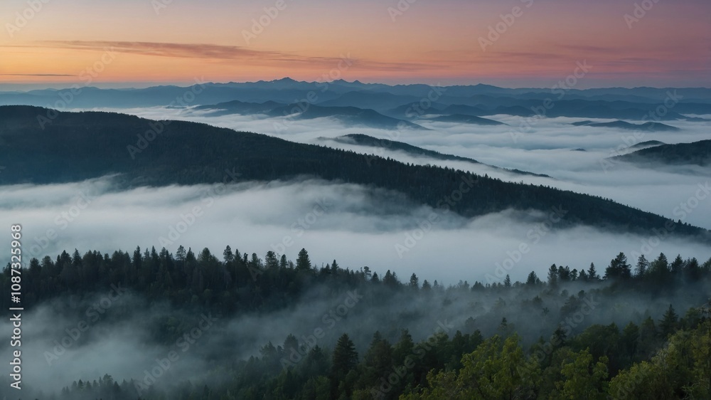 Serene sunrise over misty mountains in the early morning light illuminating the forest valley Serene sunrise over misty mountains in the early morning light illuminating the forest valley