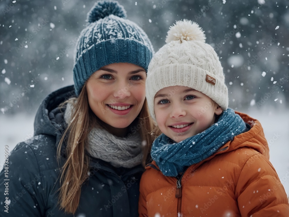 Happy Winter Family Portrait: Mother and a Kid Smiling Together in Snowy Weather, Wearing Winter Clothes, Gloves, and Ice Caps in Blurred Snowy Background Happy Winter Family Portrait: Mother and a Kid Smiling Together in Snowy Weather, Wearing Winter Clothes, Gloves, and Ice Caps in Blurred Snowy Background