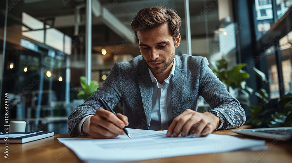 A young man is signing an important contract during a video call with his business partner. A young man is signing an important contract during a video call with his business partner.