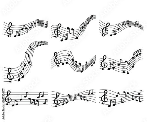 Music notes with curves and swirls