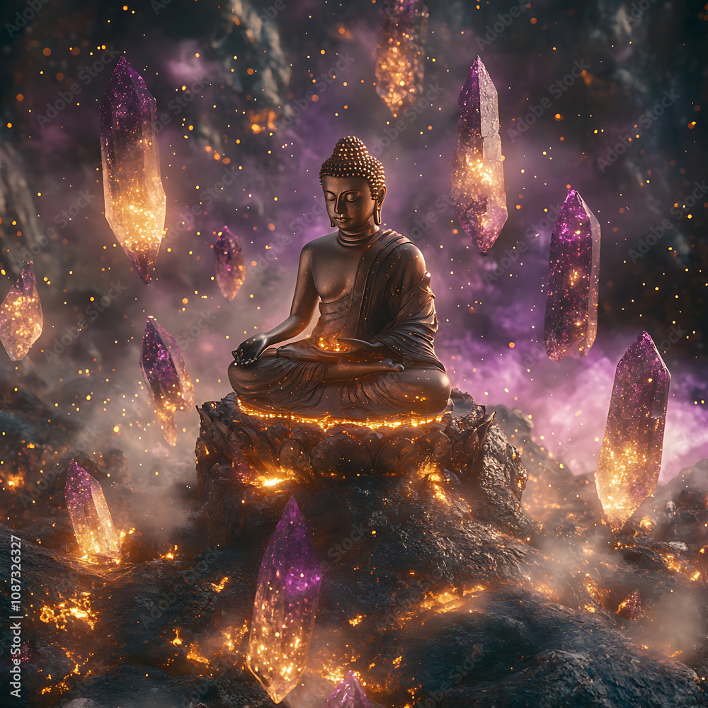 Tranquil Buddha Surrounded by Crystals and Light Tranquil Buddha Surrounded by Crystals and Light
