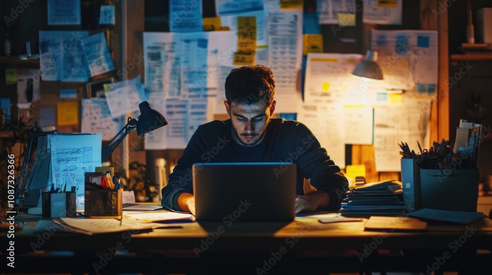 An entrepreneur working late at night at a desk cluttered with business plans and a laptop, representing dedication and ambition An entrepreneur working late at night at a desk cluttered with business plans and a laptop, representing dedication and ambition