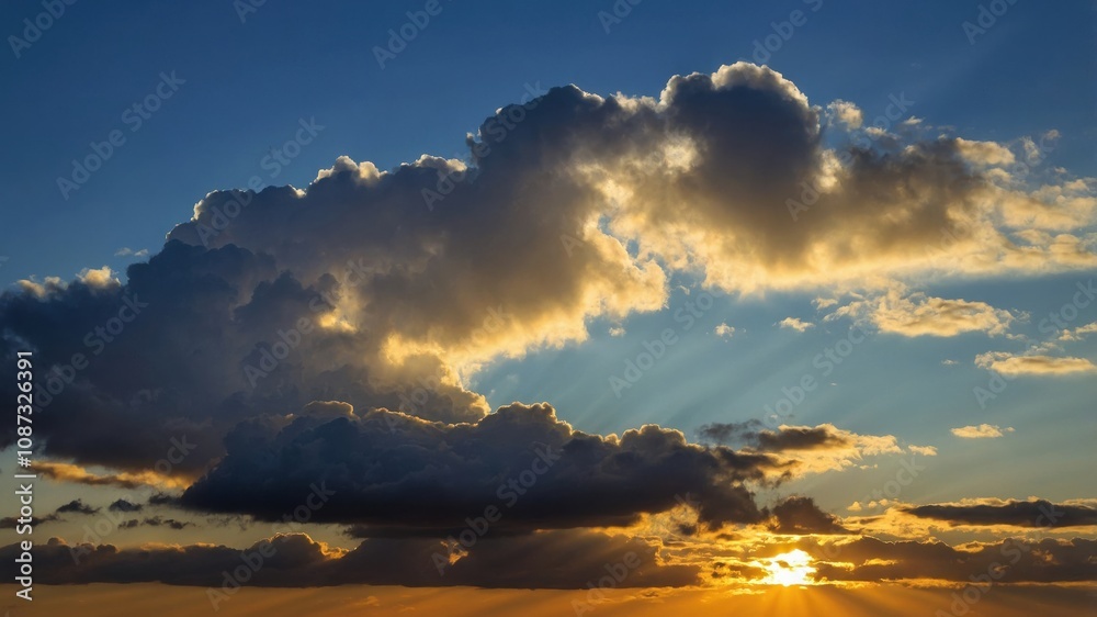 Dramatic clouds illuminated by the golden sunset over the horizon in a serene evening sky