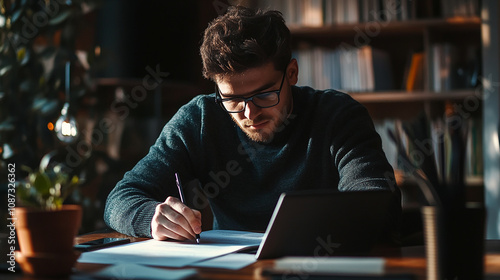 A young man is signing an important contract during a video call with his business partner.