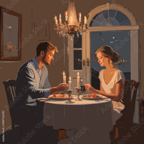 A romantic couple sharing a candlelit dinner, with a soft, dreamy atmosphere, oil painting.