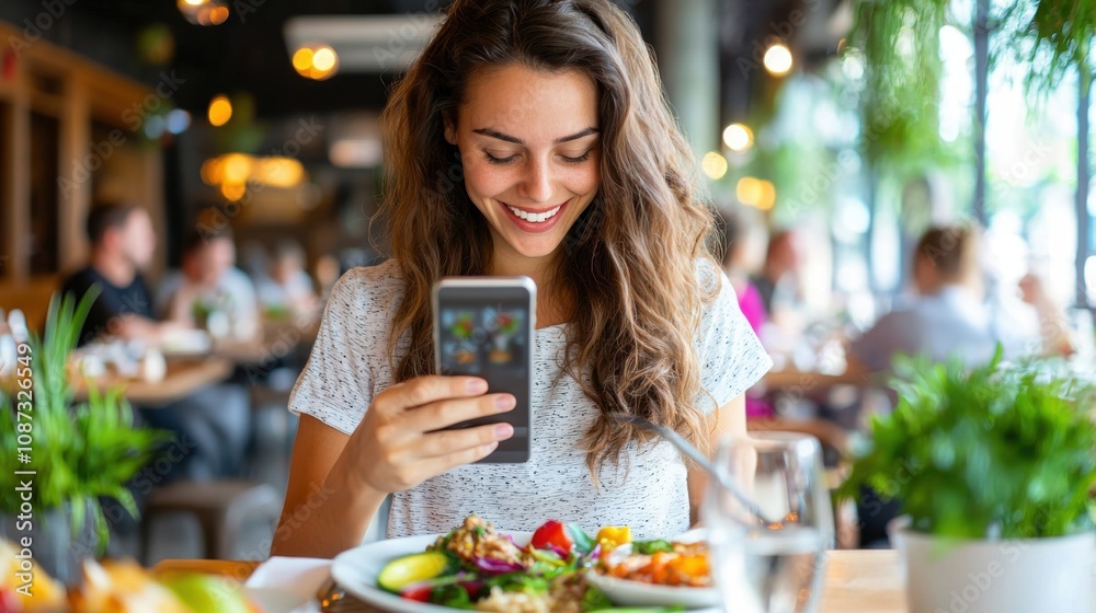 Woman Using Smartphone at Restaurant Table Woman Using Smartphone at Restaurant Table