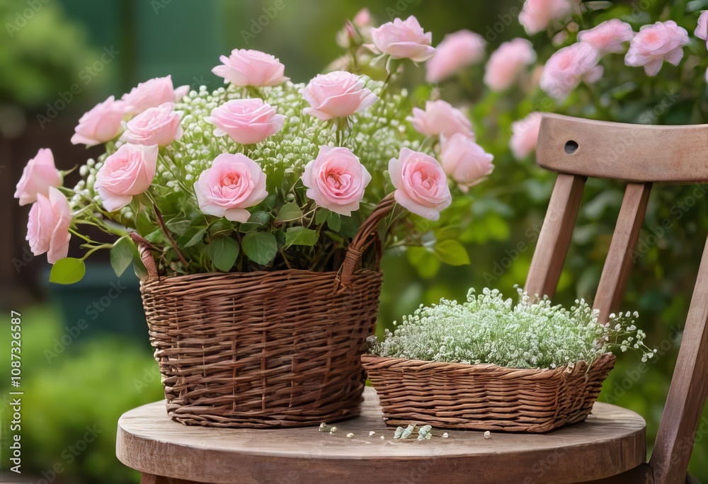 A still life arrangement of pink roses and baby's breath flowers in a vintage basket, placed on a wooden chair with a blurred green background. A still life arrangement of pink roses and baby's breath flowers in a vintage basket, placed on a wooden chair with a blurred green background.
