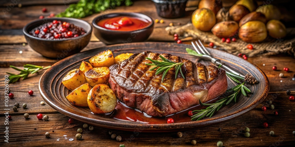 Grilled Steak with Roasted Potatoes and Spicy Sauce - A Delicious Low Light Photography Experience for Food Lovers, Capturing the Essence of Culinary Artistry and Gourmet Presentation Grilled Steak with Roasted Potatoes and Spicy Sauce - A Delicious Low Light Photography Experience for Food Lovers, Capturing the Essence of Culinary Artistry and Gourmet Presentation